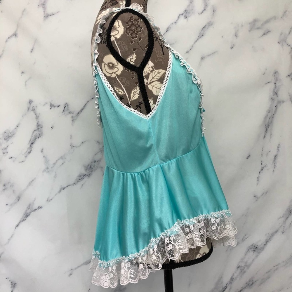 Vintage Glencraft Aqua Blue Lace Peplum Chemise Camisole Tank Lingerie Top - Picture 9 of 13